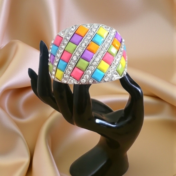 Vintage Jewelry - Y2K Multicolor Tile Rhinestone Hinged Cuff Bracelet | Statement Jewelry